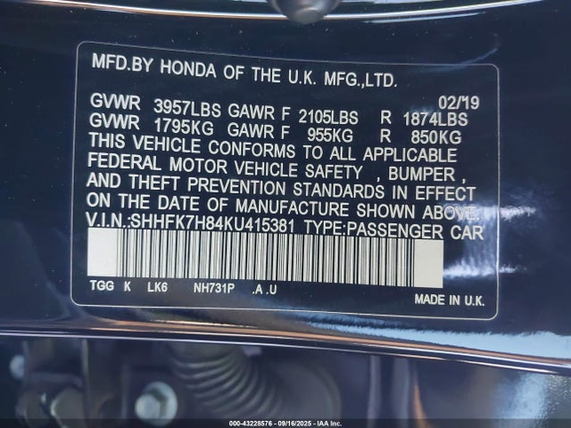 SHHFK7H84KU415381 Honda l15ba