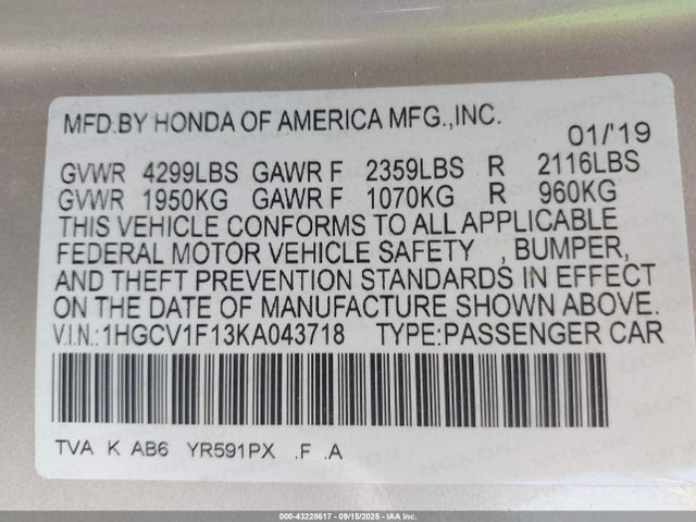 1HGCV1F13KA043718 Honda l15be