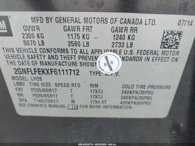 2GNFLFEKXF6111712 Chevrolet lea - flex fuel (gas/alc), aluminum, ho,