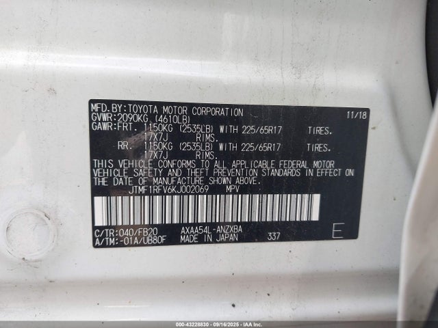 JTMF1RFV6KJ002069 Toyota a25a-fks