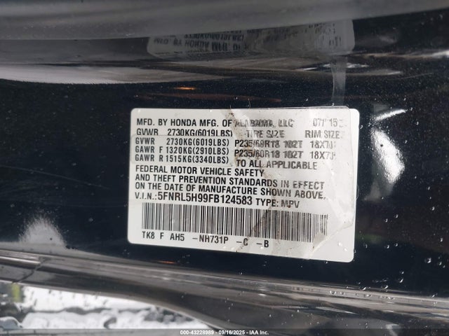 Honda j35z8 2015 5FNRL5H99FB124583 Image 9