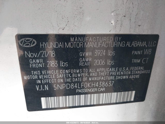 5NPD84LF0KH438637 Hyundai mpi nu