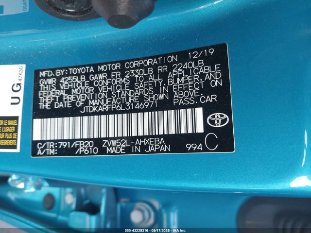 JTDKARFP6L3146971 Toyota 2zr-fxe+1nm+1sm