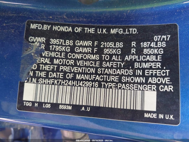 SHHFK7H24HU429916 Honda l15ba