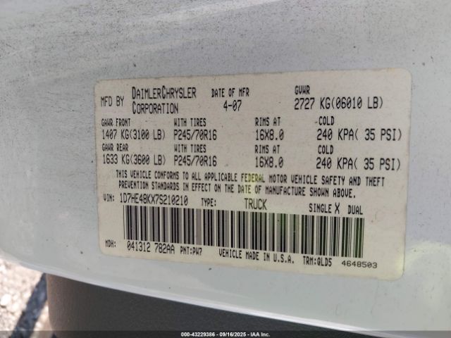 2007 DODGE DAKOTA 1D7HE48KX7S210210 Photo 8