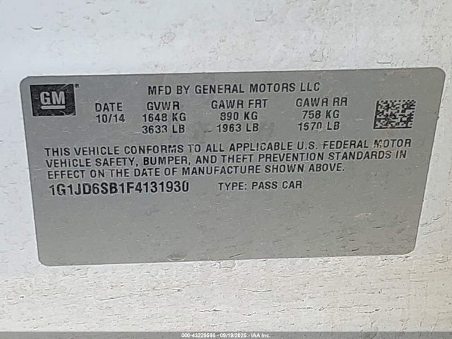 Chevrolet Sonic Lt Manual 2015 1G1JD6SB1F4131930 Image 9