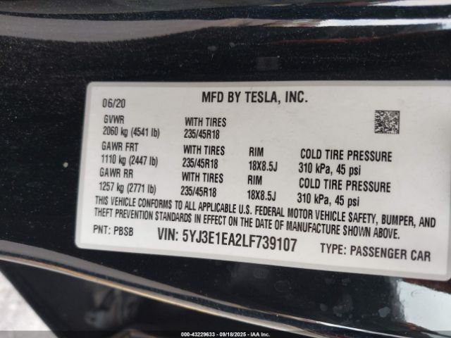 2020 TESLA MODEL 3 5YJ3E1EA2LF739107 Photo 8