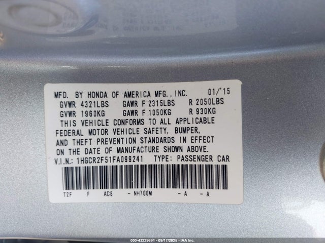 1HGCR2F51FA099241 Honda k24w1