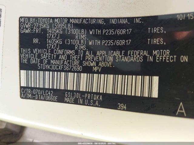 Toyota 2gr-fks 2015 5TDYK3DCXFS672690 Image 9