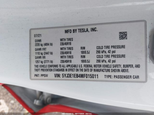2021 TESLA MODEL 3 5YJ3E1EB4MF015011 Photo 8