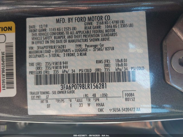 Ford 2.0l gtdi 2020 3FA6P0T98LR156281 Image 9