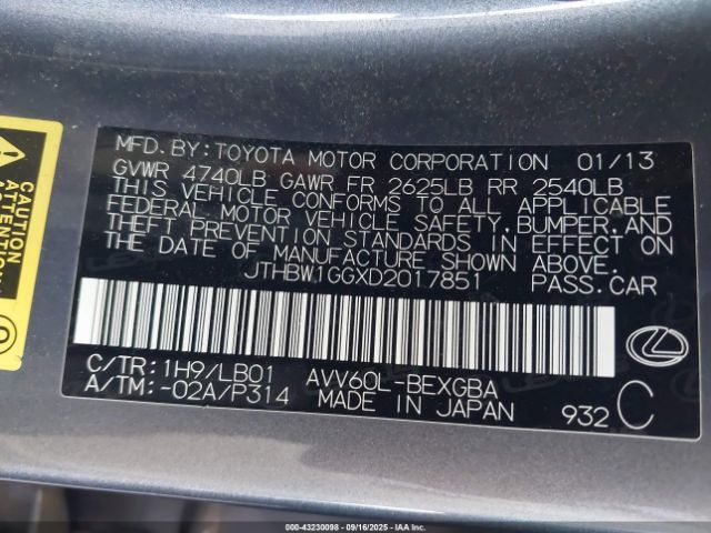 2013 LEXUS ES 300H JTHBW1GGXD2017851 Photo 8