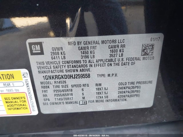 1GNKRGKD0HJ259558 Chevrolet Traverse 1lt