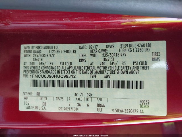 1FMCU0J90HUC99312 Ford Escape