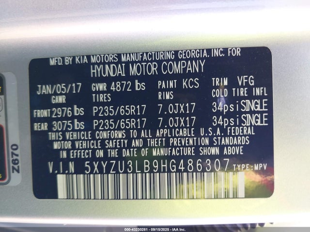 5XYZU3LB9HG486307 Hyundai gdi theta ii