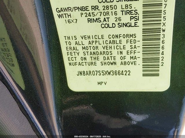 Aukcja sprzedaży 1999 Nissan Pathfinder Le/se/xe, vin: JN8AR07S5XW366422, numer aukcji: 43230324