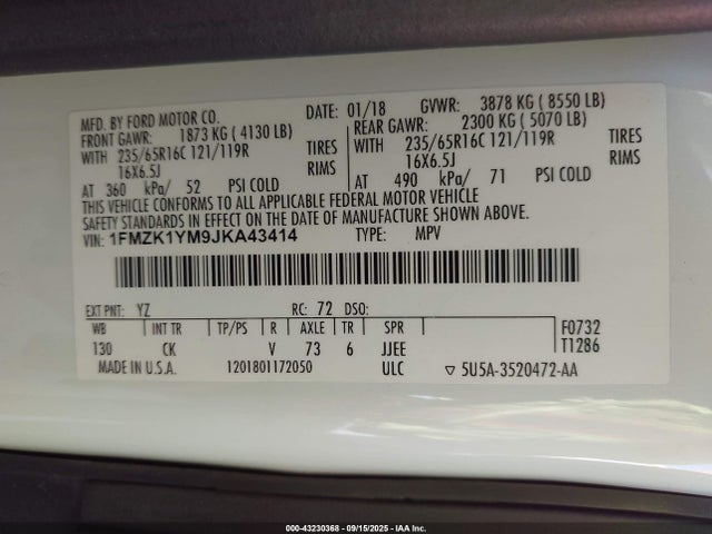 1FMZK1YM9JKA43414 Ford 2018