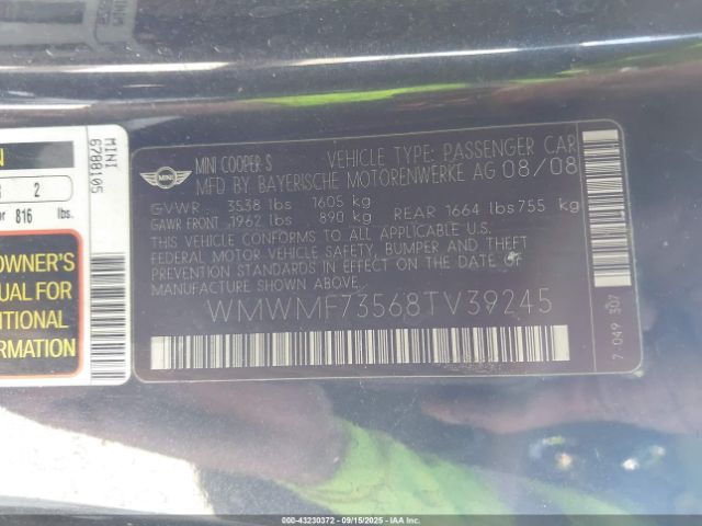 2008 MINI COOPER S WMWMF73568TV39245 Photo 8