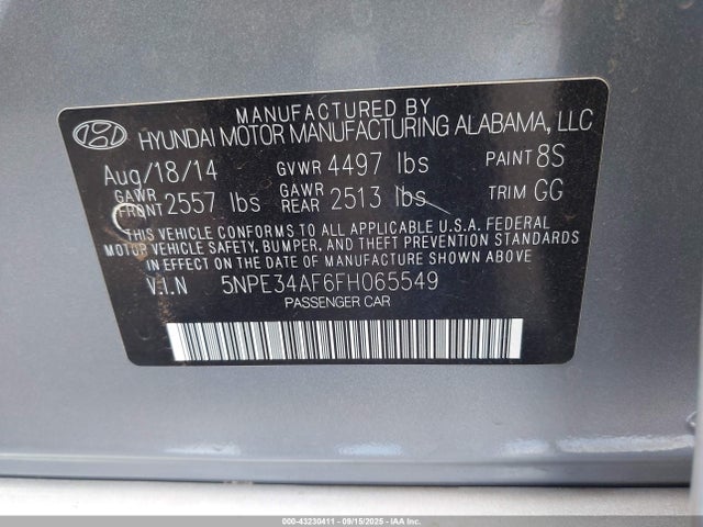 2015 Hyundai Sonata Limited მანქანა იყიდება აუქციონზე, vin: 5NPE34AF6FH065549, აუქციონის ნომერი: 43230411