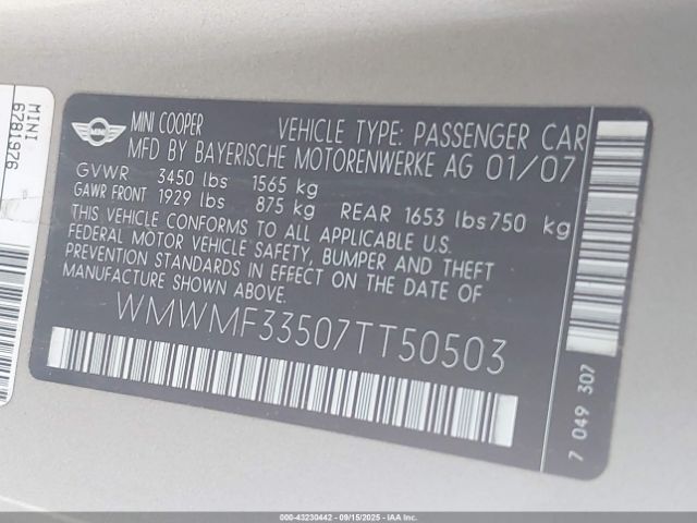 2007 MINI COOPER WMWMF33507TT50503 Photo 8