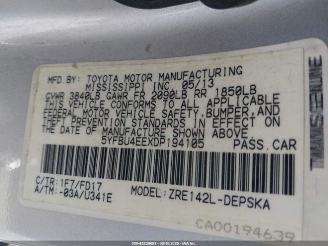 2013 TOYOTA COROLLA 5YFBU4EEXDP194105 Photo 8