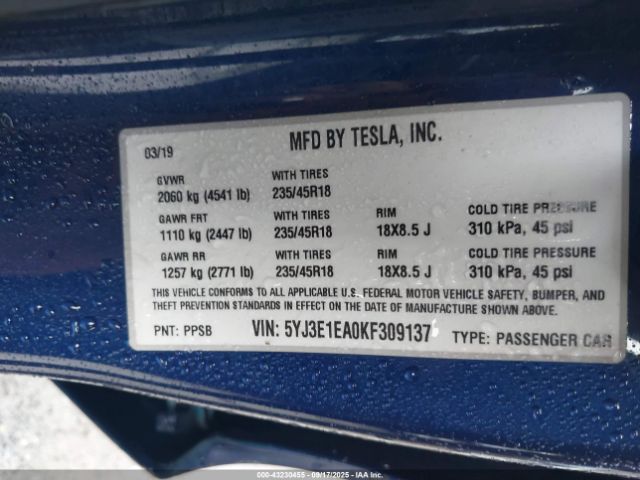 2019 TESLA MODEL 3 5YJ3E1EA0KF309137 Photo 8