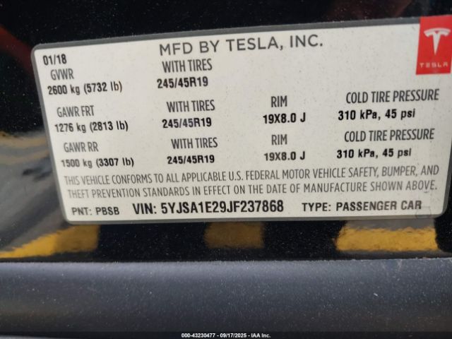 2018 TESLA MODEL S 5YJSA1E29JF237868 Photo 8