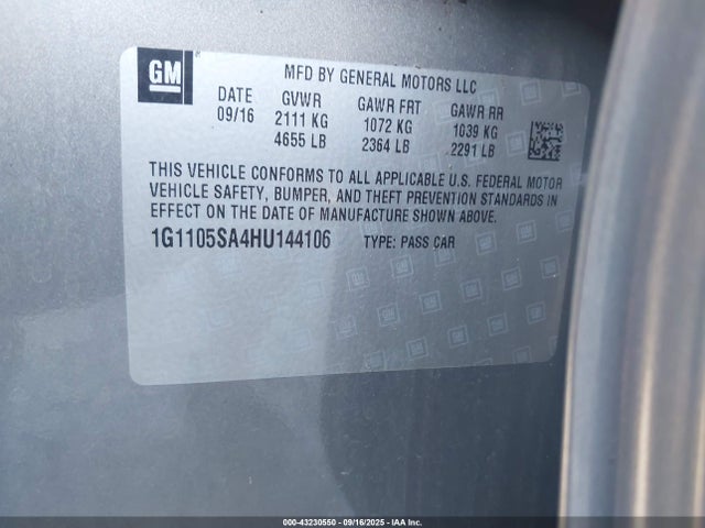 1G1105SA4HU144106 Chevrolet lcv -sidi: spark ignited direct injection, dcvcp, vvt: variable valve timing, e85 max, e0-e100, alum