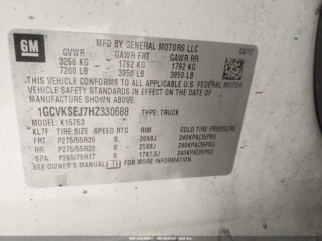 1GCVKSEJ7HZ330688 Chevrolet l86 - sidi: spark ignited direct injection, vvt: variable valve timing, afm, e85 max, alum