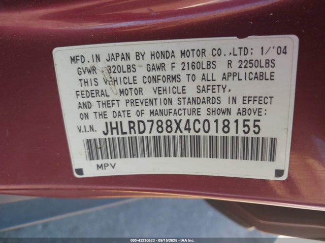 Продаж на аукціоні авто 2004 Honda Cr-v Ex, vin: JHLRD788X4C018155, номер лоту: 43230623