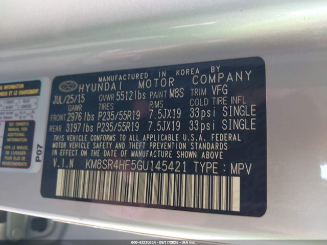 KM8SR4HF5GU145421 Hyundai gdi lambda ii