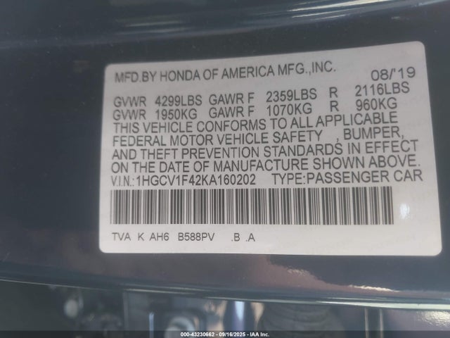 1HGCV1F42KA160202 Honda l15be