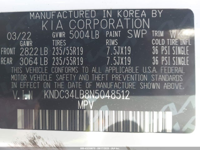 KNDC34LB8N5048512 KIA 2022
