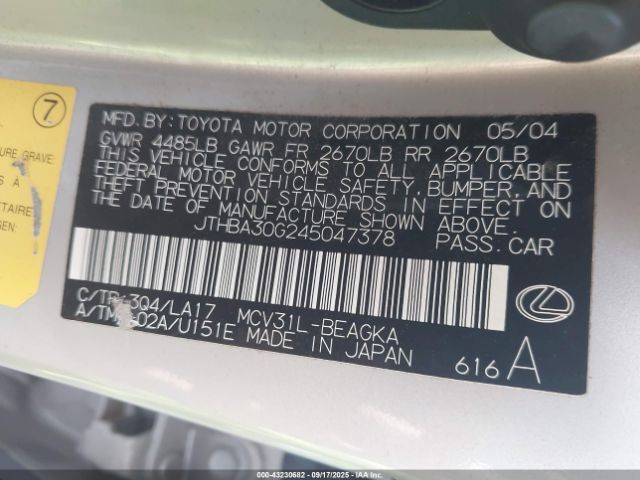 2004 LEXUS ES 330 JTHBA30G245047378 Photo 8