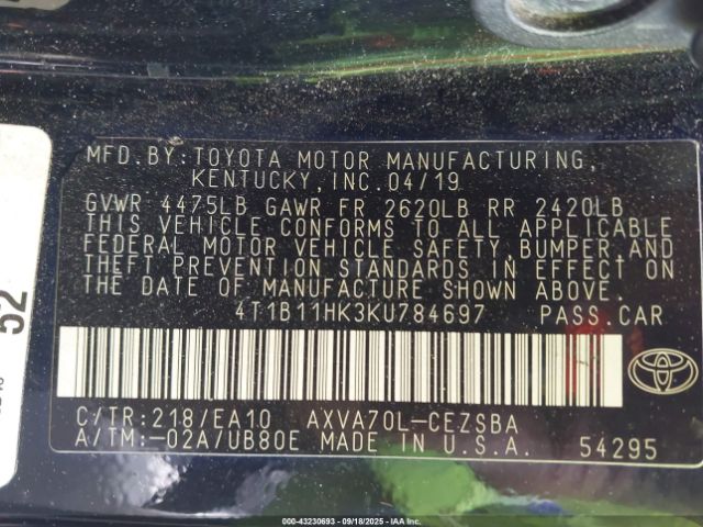 2019 TOYOTA CAMRY 4T1B11HK3KU784697 Photo 8