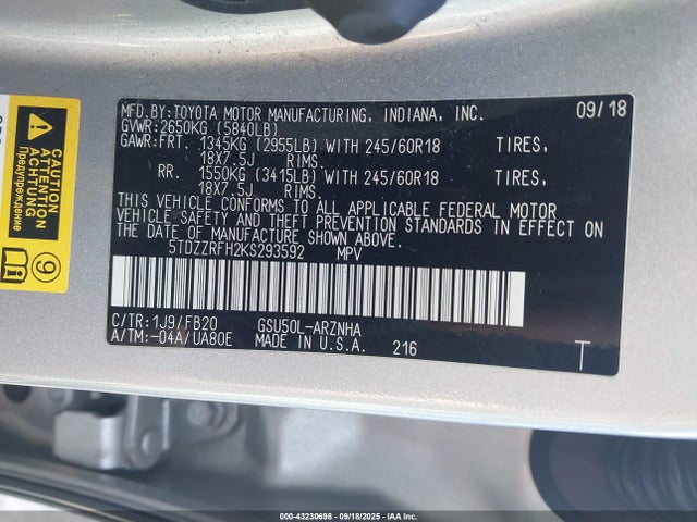 5TDZZRFH2KS293592 Toyota 2gr-fks