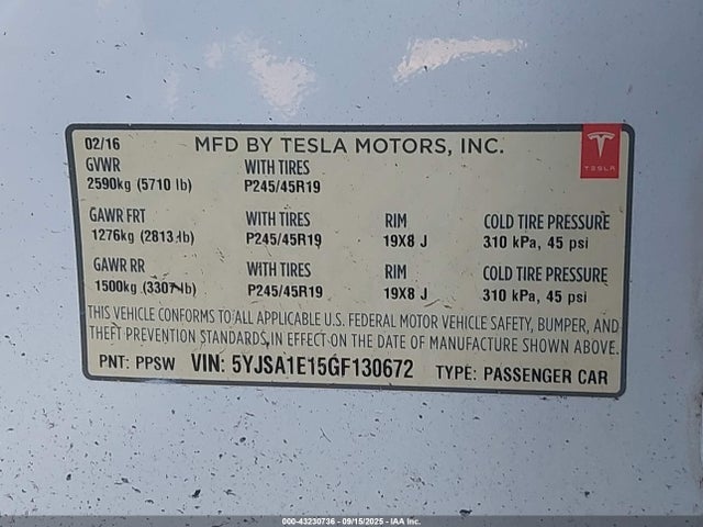 2016 TESLA MODEL S 5YJSA1E15GF130672 Photo 8