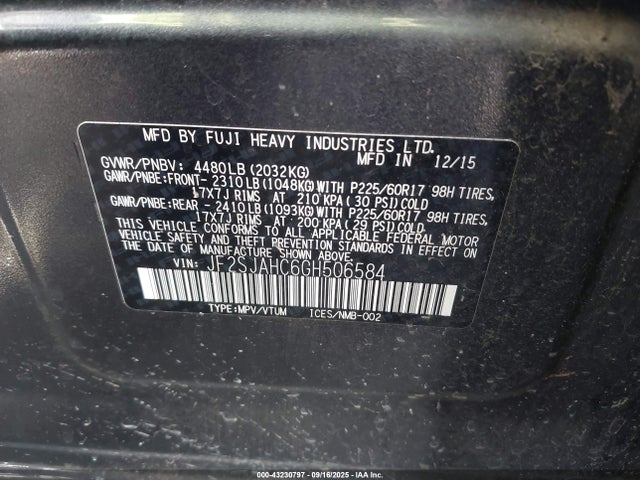 JF2SJAHC6GH506584 Subaru naturally aspirated u5