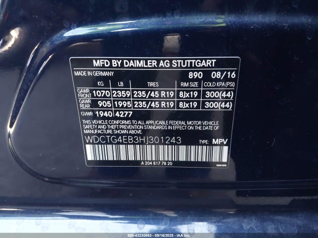 Mercedes-Benz m270 2017 WDCTG4EB3HJ301243 Image 9
