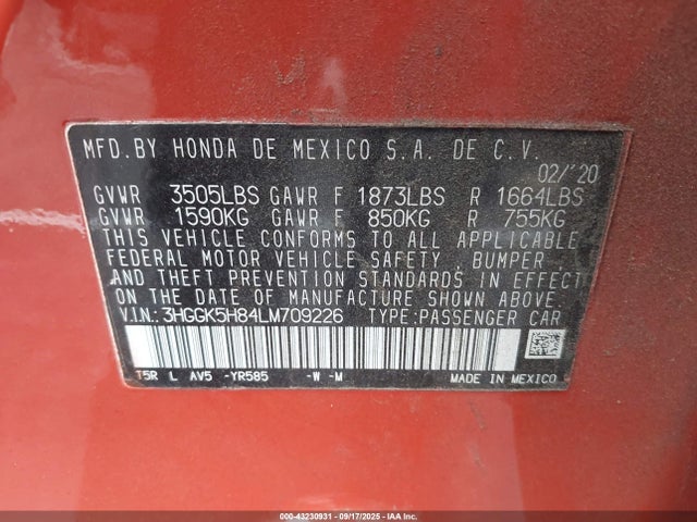 3HGGK5H84LM709226 Honda l15b1