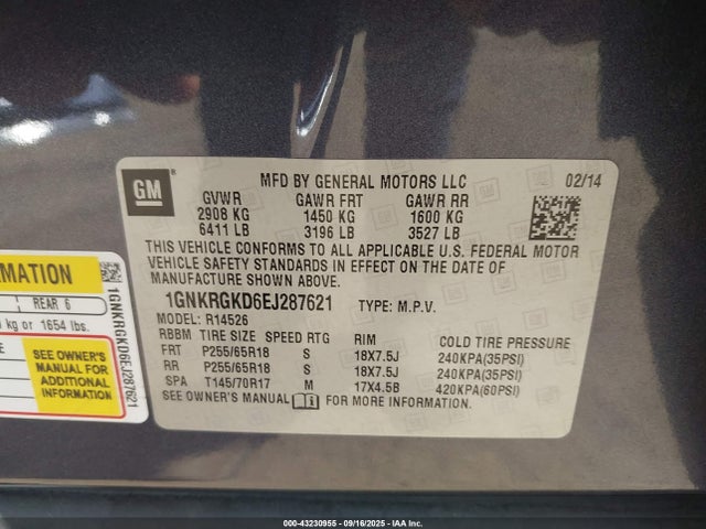 1GNKRGKD6EJ287621 Chevrolet llt
