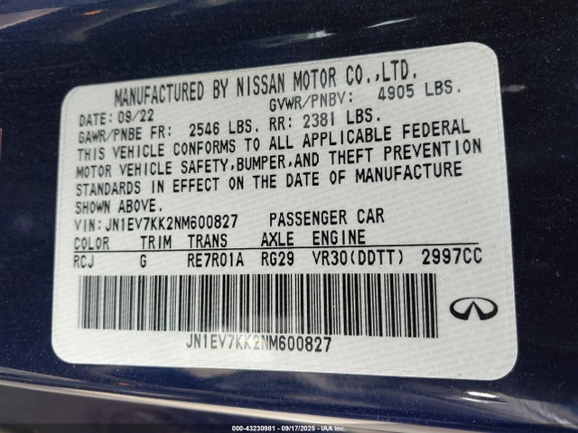 JN1EV7KK2NM600827 Infiniti 3.0l t