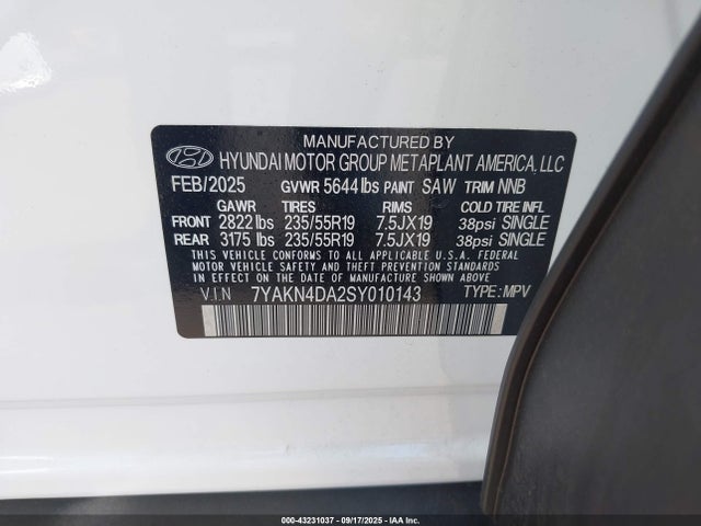 Aukcja sprzedaży 2025 Hyundai Ioniq 5 Sel, vin: 7YAKN4DA2SY010143, numer aukcji: 43231037