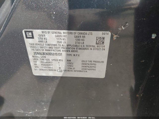 2GNALBEK0E6315131 Chevrolet lea - flex fuel (gas/alc), aluminum, high output