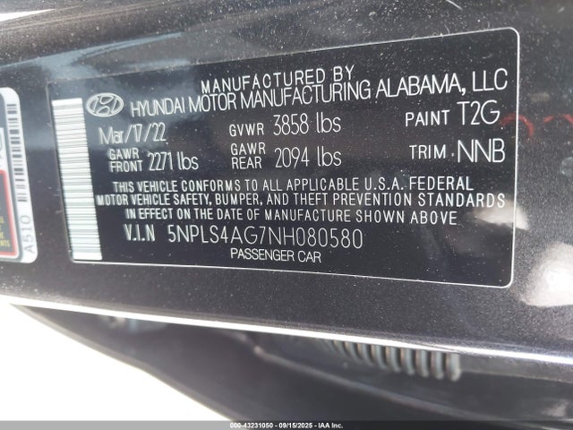 5NPLS4AG7NH080580 Hyundai mpi nu pe