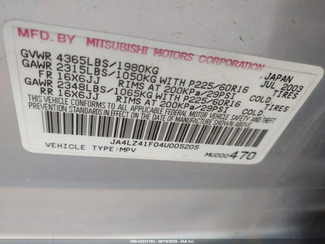 2004 MITSUBISHI OUTLANDER JA4LZ41F04U005205 Photo 8