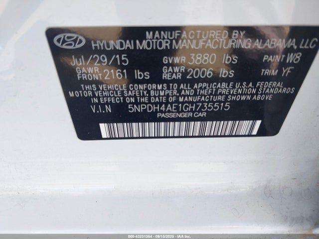 Hyundai dohc mpi nu 2016 5NPDH4AE1GH735515 Image 9
