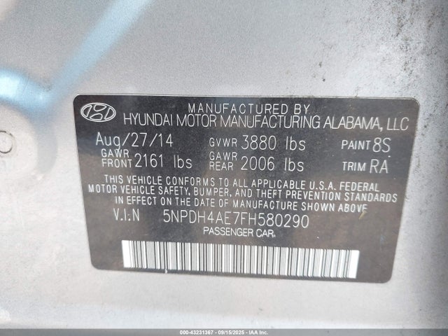 Hyundai dohc mpi nu 2015 5NPDH4AE7FH580290 Image 9