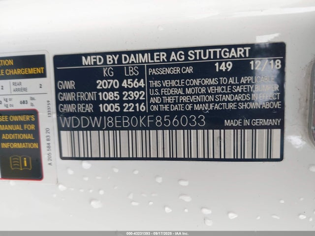 43231393 :رقم المزاد ، WDDWJ8EB0KF856033 vin ، 2019 Mercedes-benz C 300 4matic مزاد بيع