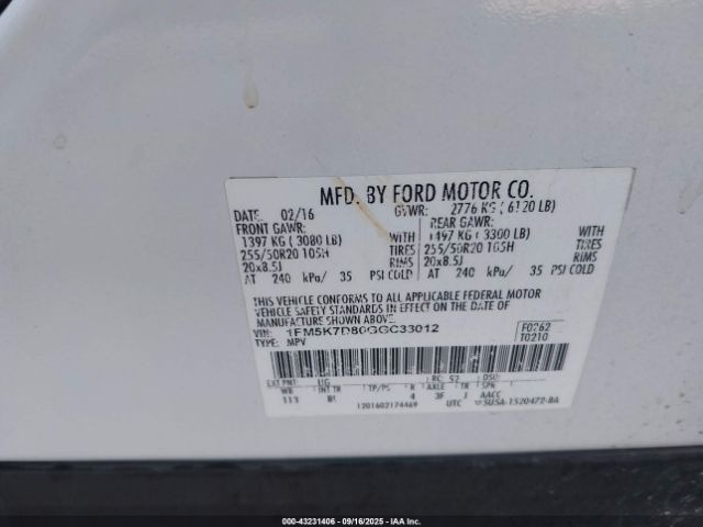 2016 FORD EXPLORER 1FM5K7D80GGC33012 Photo 8